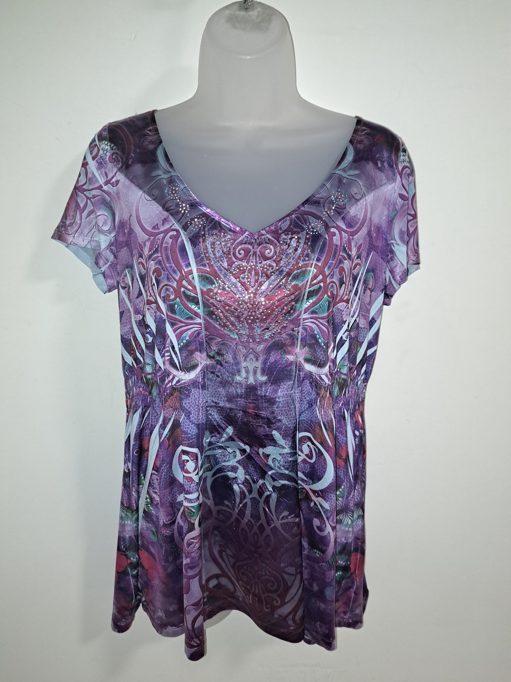 Apt. 9 Purple Printed V-Neck Short Sleeve Tunic